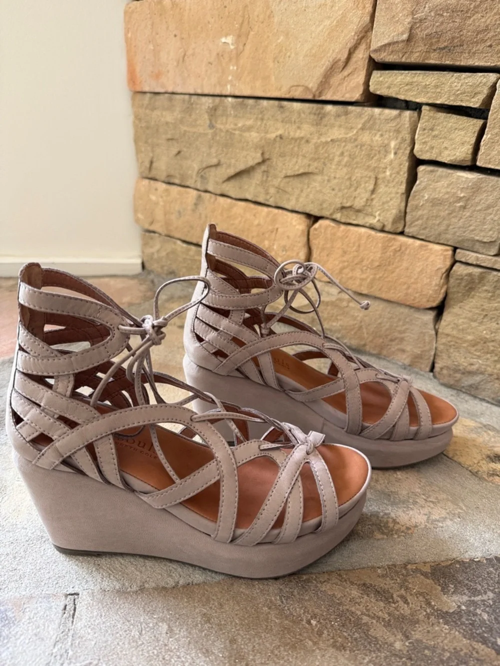 Gentle Souls “Joy” Taupe Nubuck Lace-Up High Wedge Sandals